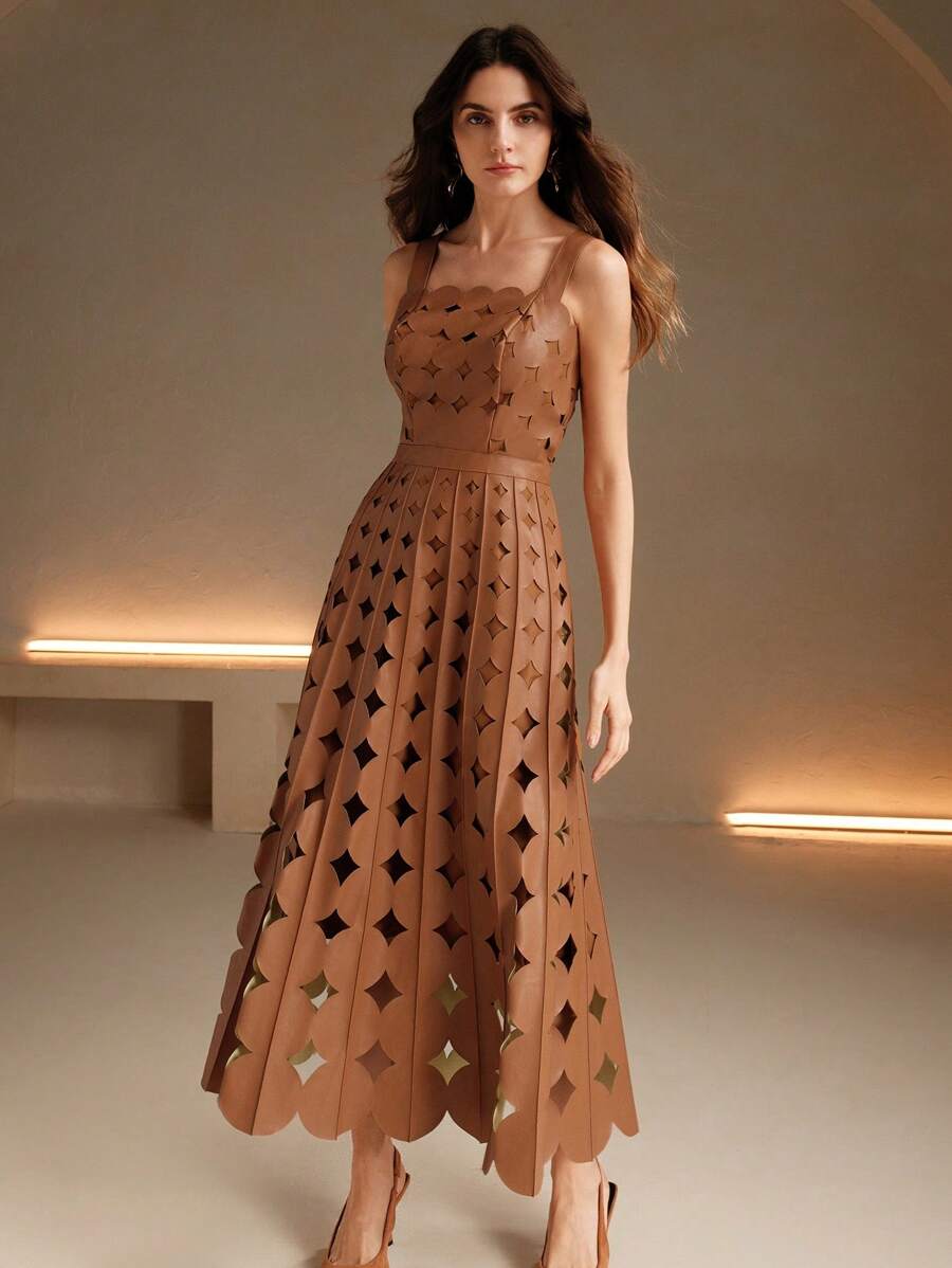 Anewsta Women's Brown Khaki PU Laser Engraved Elegant Party/New Year French Spring Dress - Khaki - View 1