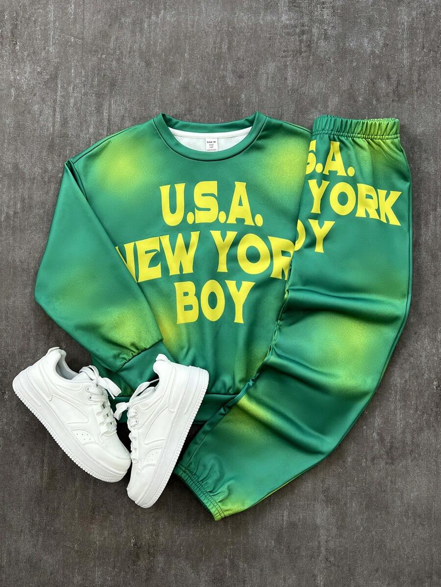 SHEIN 2pcs Tween Boy Relaxed Fit Letter Print Crew Neck Sweatshirt And Drawstring Sweatpants Set - Multicolor - View 1