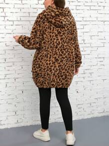 SHEIN LUNE 2 件大码纯色豹纹长袖连帽衫和裤子休闲套装冬季服装 - 彩色 - 查看 2