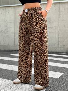 SHEIN EZwear Plus Size Women Leopard Print Woven Fabric Casual Everyday Commuting Versatile High Waist Wide Leg Loose Pants With Pockets