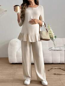 SHEIN Maternity Round Neck Ruffle Hem Sleeveless Top And Pants Two Pieces Set - Apricot - View 3