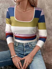 SHEIN LUNE Gestreept Color Block Grafisch Print Dames Casual Dagelijks T-shirt