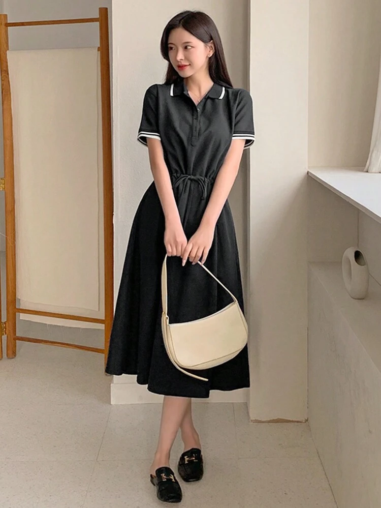 Women Collegiate Style Short Sleeve Waist Cinched Collar Mid-Length Dress Sundress Shirt Dress,Casual Women Dresses Maxi Dress