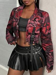 Slaydiva Autumn And Winter New Casual Young Street Lapel Long Pocket Webbing Decoration Long Sleeve Camouflage Print Truncated Women's Jacket-AA - Burgundy - View 4