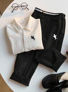 2 szt. młodzieżowy chłopięcy akademicki swobodny codzienny wygodny jeleń dekoracyjny biały kołnierzyk koszula z długim rękawem i spodnie zestaw, odpowiedni do szkoły, wycieczek, codziennych spotkań, jesień/zima