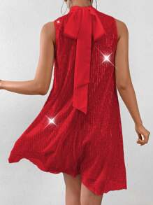 Allurite Fashionable Sequin Embellished Collar Tie Waist Sleeveless Midi Dress For New Year Clothes