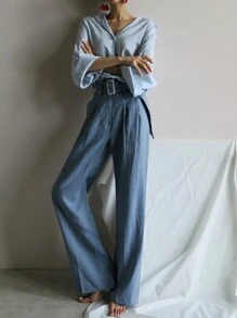 DAZY Women's Solid Color Drop Shoulder Long Sleeve Single Breasted Loose Turndown Collar Blouse For Autumn - Blue - View 3