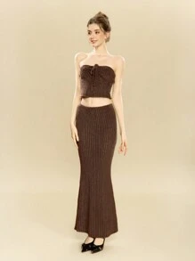 SHEIN Unity Bộ 2 món/Bộ đồ crop top gợi cảm + chân váy đuôi cá, phong cách Mỹ cổ điển, họa tiết vải nhung kẻ, trang phục Y2K màu nâu - màu nâu - Xem 5