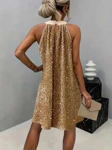 女士优雅浪漫派对金色亮片吊带无袖连衣裙