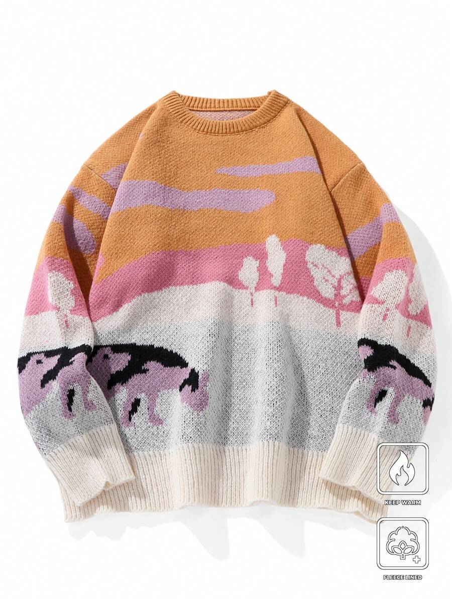 Chillumni Men's Round Neck Long Sleeve Patterned Minimalist Sweater, Casual Everyday Wear - Multicolor - View 1