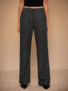 Forever 21 秋冬新款低腰条纹简约通勤直筒休闲百搭INS风西装裤 - 灰色 - 查看 4