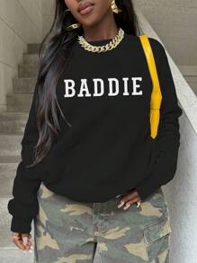 INAWLY Plus Size Women's Loose Casual Crew Neck Drop Shoulder Sweatshirt With BADDID English Slogan Graphic Print, Autumn/Winter - Black - View 3