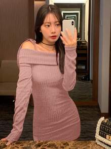 DAZY 女式纯色露肩裹身迷你连衣裙，适合圣诞节和春秋季长袖连衣裙 - 粉色 - 查看 4