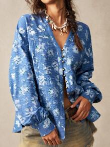 Bohemela 休闲编织牛仔效果印花灯笼袖宽松女式衬衫