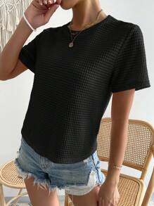 SHEIN Essnce 女士纯色圆领短袖华夫格休闲 T 恤 - 黑色 - 查看 4