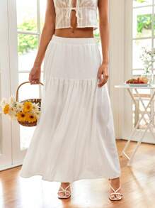 SHEIN VCAY Women's Solid Color Simple Casual Daily Wear Long Skirt - White - View 4