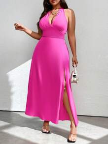 Celure Vestido maxi de mujer de talla grande con lazo en la cintura, sin mangas, color rosa, para otoño