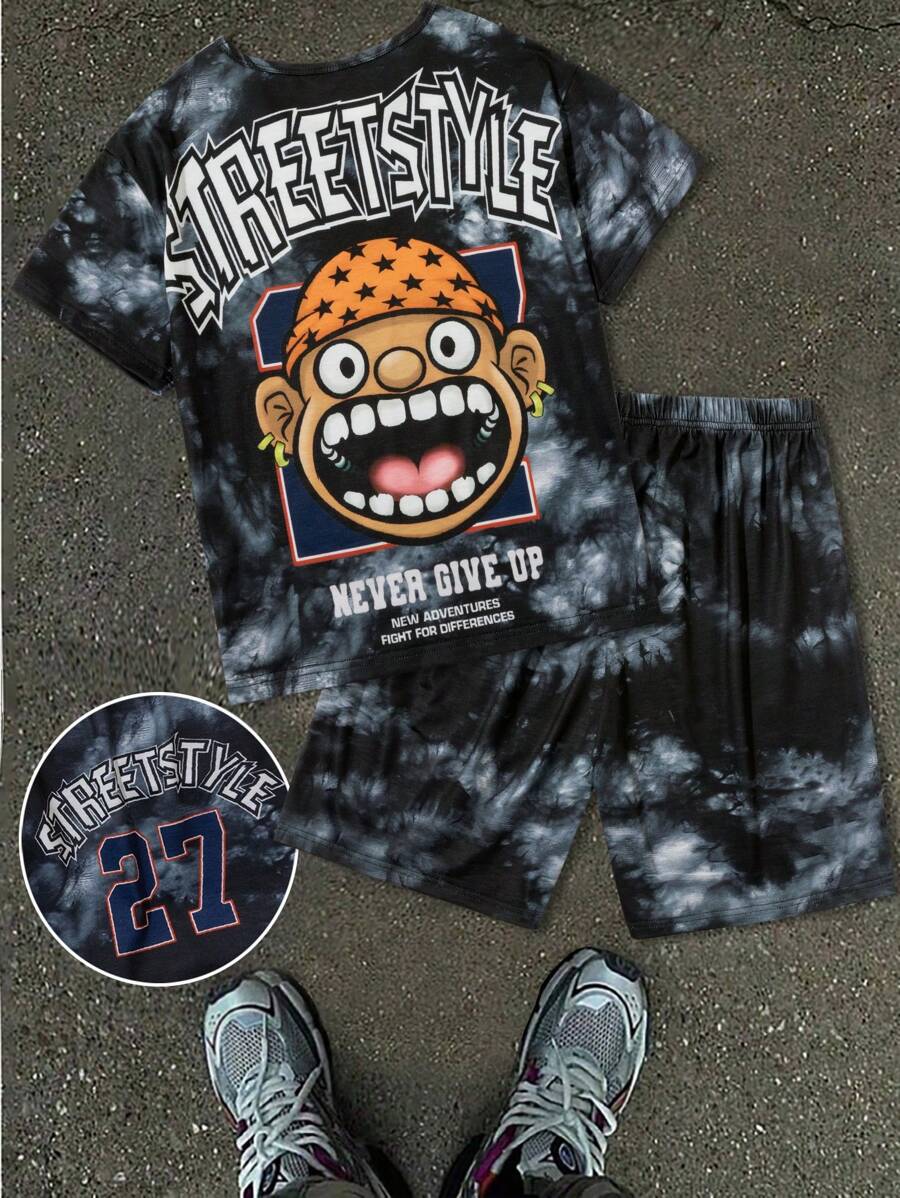 Conjunto de primavera/verano de 2 piezas para niño preadolescente: Camiseta de manga corta con estampado de cara de dibujo animado grande + Pantalones cortos de playa con estampado de letras y números