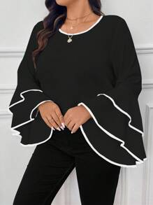 Rometta Plus Size Elegant Contrast Piping Ruffle Sleeve Shirt , Bell Sleeve Top Fall Cloth For Women - Black - View 6