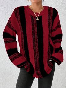 Flirla Women Round Neck Long Sleeve Simple Versatile Casual Striped Sweater