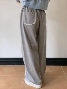 DAZY 女式松紧腰撞色蕾丝宽松长款运动裤，适合所有季节的休闲精致蕾丝女式运动裤秋季女式慢跑裤 - 灰色 - 查看 2