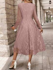 EMERY ROSE Women Solid Color Lace Long Sleeve Casual Dress, For Everyday Wear - Pink - View 2