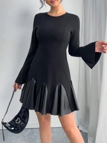 SHEIN Girlism 少女黑/秋/冬/优雅通勤/拼接PU荷叶边袖荷叶边连衣裙 - 黑色 - 查看 4