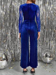 Ellevyn 女士优雅黑色撞色蕾丝长袖连体裤，适合通勤、郊游、派对、夏季 - 藏蓝色 - 查看 5