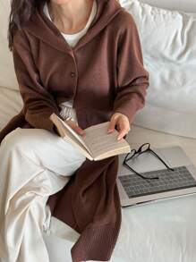 DAZY Winter Minimalist Knitted Hooded Loose Bathrobe Pajama, Cozy Outfit - Brown - View 1