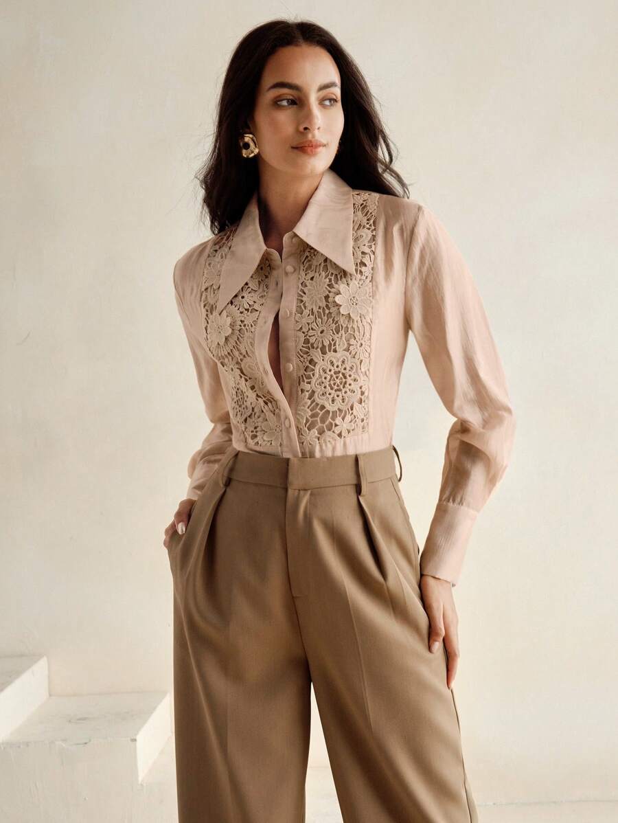 Anewsta Áo cánh rộng hở vai cổ bẻ phối ren cho nữ - Màu be - Xem 1