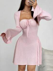 Flirla 2 sztuki Elegancki zestaw sukienek Y2K Casual Brushed Ribbed Knit z długim rękawem