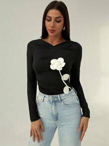 Firerie Women's Elegant Vintage Coin Pattern Asymmetric Ruched Shoulder Crew Neck Long Sleeve Fitted T-Shirt, Suitable For Commute & Vacation, Valentine's Day