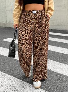 SHEIN EZwear Plus Size Women Leopard Print Woven Fabric Casual Everyday Commuting Versatile High Waist Wide Leg Loose Pants With Pockets