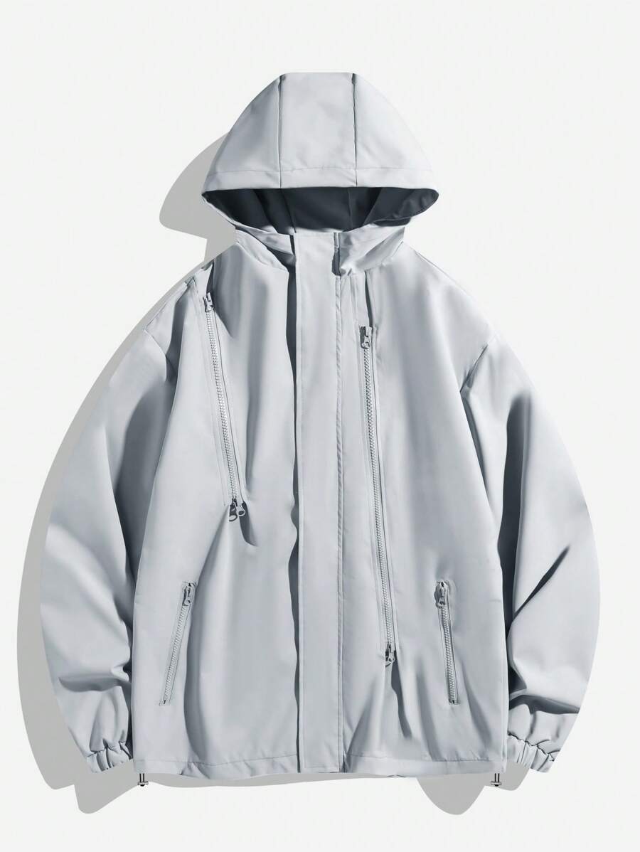 Chillumni Men's Solid Color Front Zipper Long Sleeve Casual Hooded Jacket - Light Grey - View 1