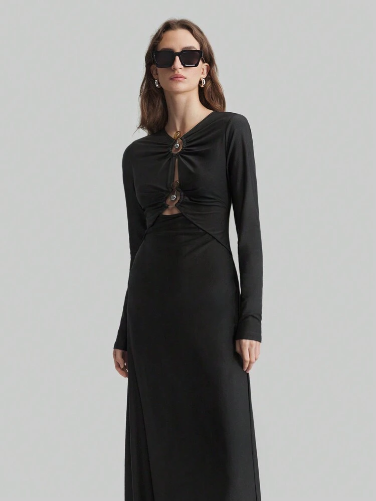 Women's Elegant Sexy Black Hollow Out Metal Decor Dress, Slim Fit For Spring New Year