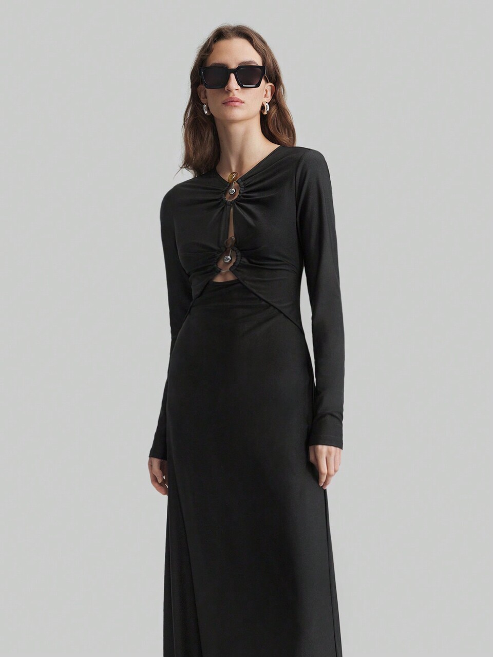 Women's Elegant Sexy Black Hollow Out Metal Decor Dress, Slim Fit For Spring New Year