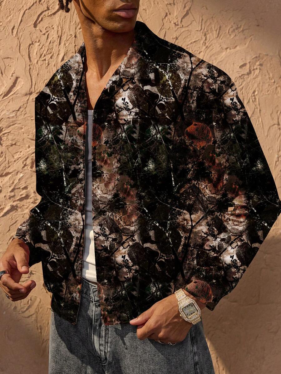 Forever 21 Men's Autumn And Winter Loose Jacket With Dead Leaves And Branches Printed Pattern - Brown - View 1