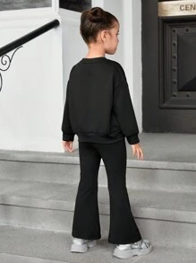 مجموعة بلوزة كاجوال كبيرة السحم بطباعة نجوم وخطوط نصوص و بنطلون محبب ذو قصة ناقسة للبنات الصغيرات بطراز جوتيك، لإطلالة عودة المدرسة الضرورية والمتعددة الاستخدامات بنمط رياضي مناسب للأمهات والبنات والشقيقات، رائعة للارتداء اليومي والكاجوال في الخريف والشتاء - الأسود - مشاهدة 3