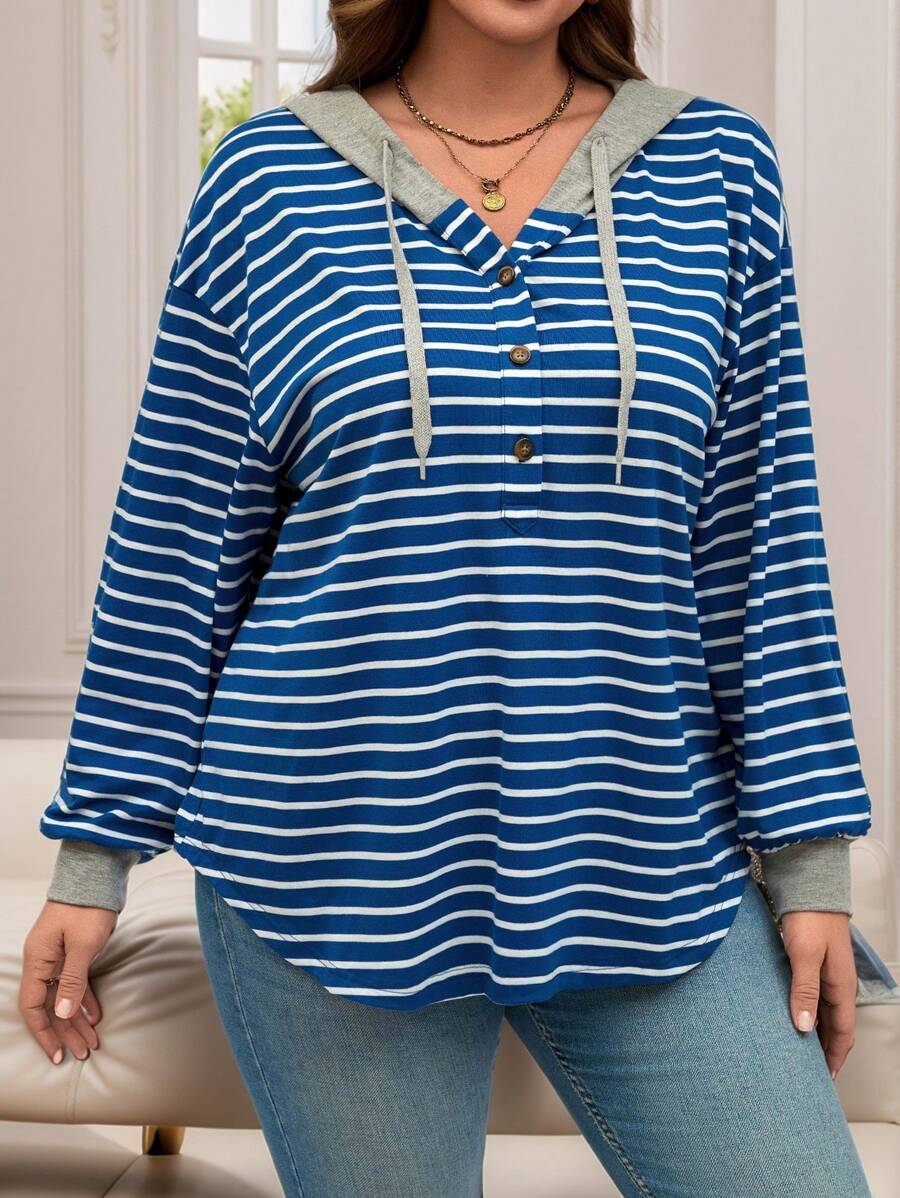 EMERY ROSE Áo nỉ dài tay dáng rộng kẻ sọc dành cho nữ, thích hợp mặc mùa đông. - Xanh và trắng - Xem 1