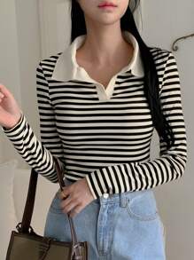 Blusa de manga larga a rayas de uso casual para mujer, para uso diario - Negro - Ver 9
