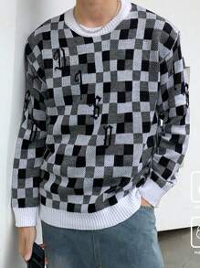 Claim Dot Men's Casual Checkerboard Pattern Round Neck Long Sleeve Sweater, Autumn/Winter - Multicolor - View 3
