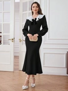 Modelyn Women's Elegant Contrast Collar Mermaid Hem Long Dress, Autumn Long Evening Dresses