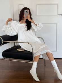 DAZY Spring Floral Lace Collar Ruffle Hem Nightgown Pajama - White - View 4