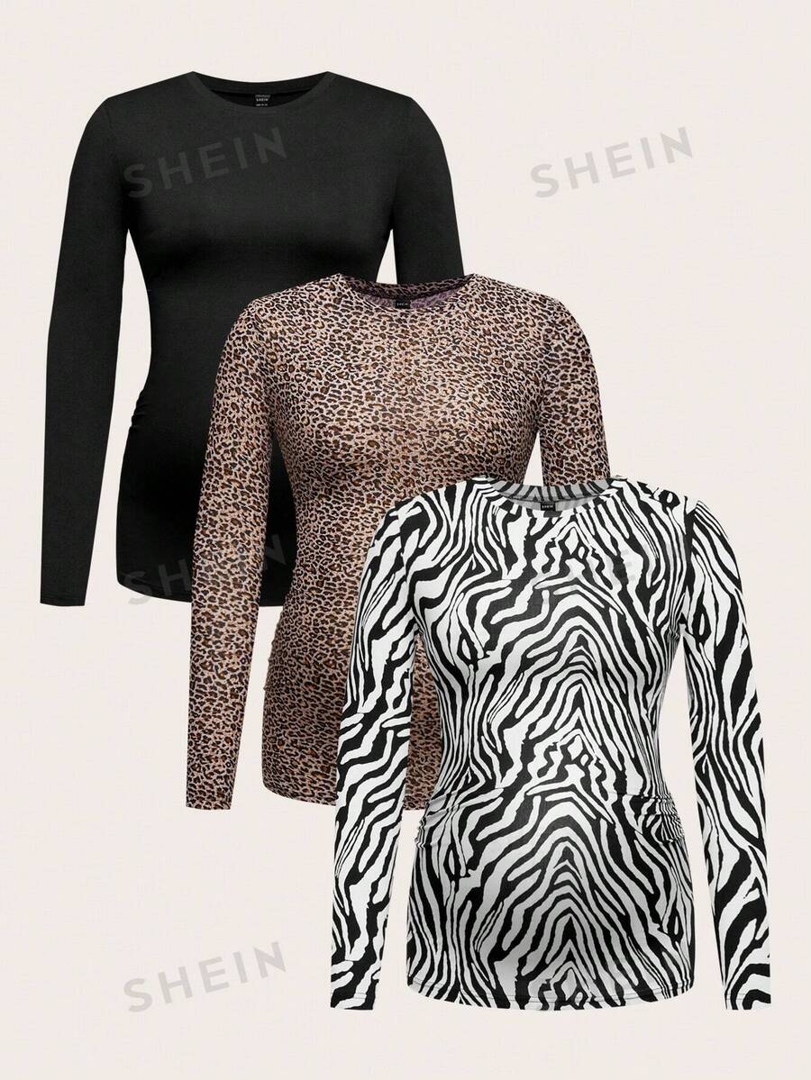 SHEIN Camiseta casual de manga larga con cuello redondo entallada de unicolor para maternidad