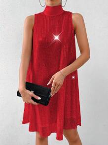 Allurite Fashionable Sequin Embellished Collar Tie Waist Sleeveless Midi Dress For New Year Clothes