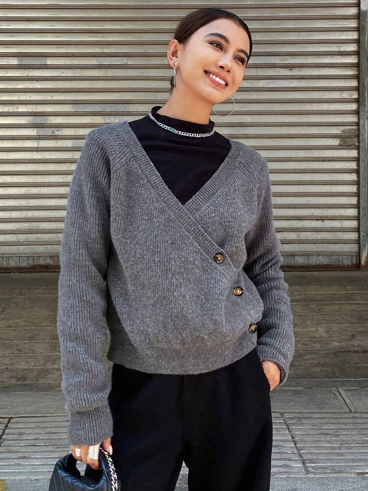 Women's Solid Color Wrap Casual Sweater,Fall Clothes