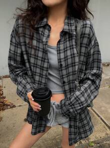 DAZY Blusa informal holgada de manga larga a cuadros para mujeres