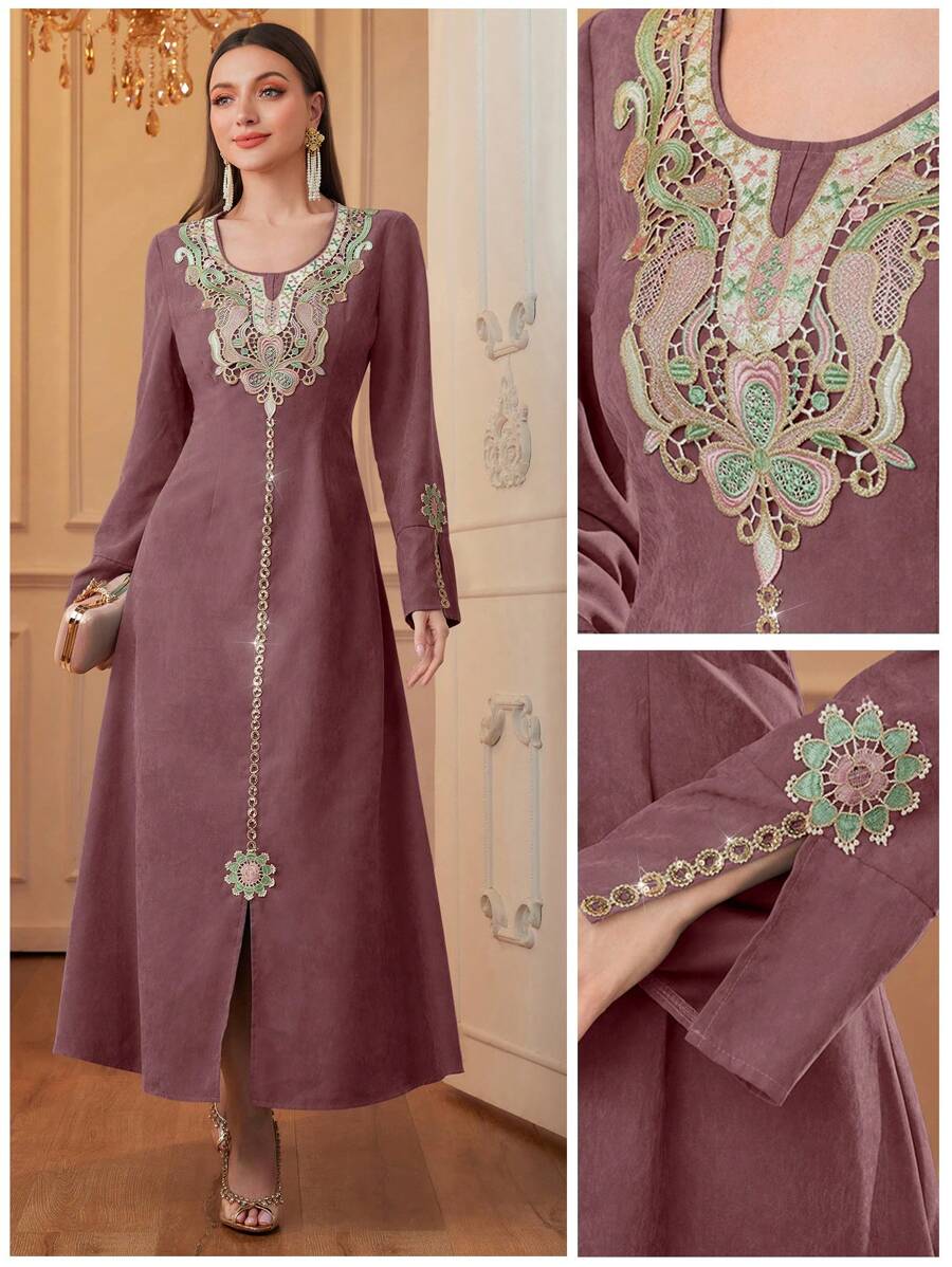 Al Najma 秋冬女士阿拉伯贴花编织连衣裙,优雅端庄的长款 Jalabiya 阿拉伯连衣裙,适合晚会/婚礼嘉宾/周年纪念,长袍 - 粉色 - 查看 1