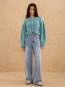 Forever 21 女士冬季服装 O 型领休闲针织开衫，冬季新款女士毛衣新年女装 - 水鴨藍 - 查看 4