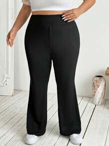 SHEIN CURVE+ Plus Size Women's Fall Winter Back To School Casual Loungewear Homewear Yoga Comfortable Outdoor Solid Black Knitted Elastic Waist High Waist Pockets Flare Leg Trousers,Leggings With Pockets - Black - View 5